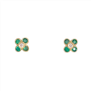 Emerald and Diamond Flower Stud Earrings