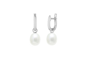 White Gold Huggy Earrings with Pearl Drops