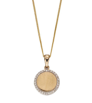 Diamond and Brushed Gold Disc Pendant and Chain Necklace