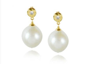 Pearl and White Sapphire Nugget Drop Earrings