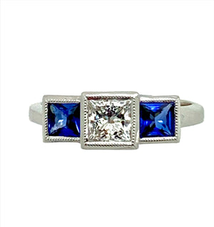 Square Diamond and Blue Sapphires Ring