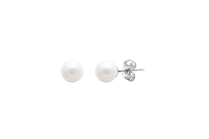 White Round Freshwater Pearl Studs on Silver
