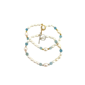 Oval Pearl Bracelet with Aquamarine Beads