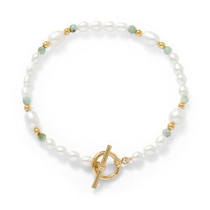 Oval Pearl Bracelet with Moss Agate Beads
