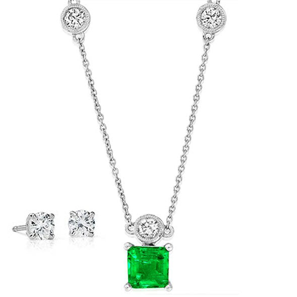 Competed Diamond Stud Earrings and Emerald Necklace