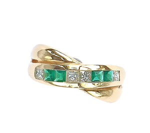 Diamond and Emerald 18 Carat Gold Crossover Ring