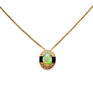 Oval Opal, Diamond and Emerald Pendant