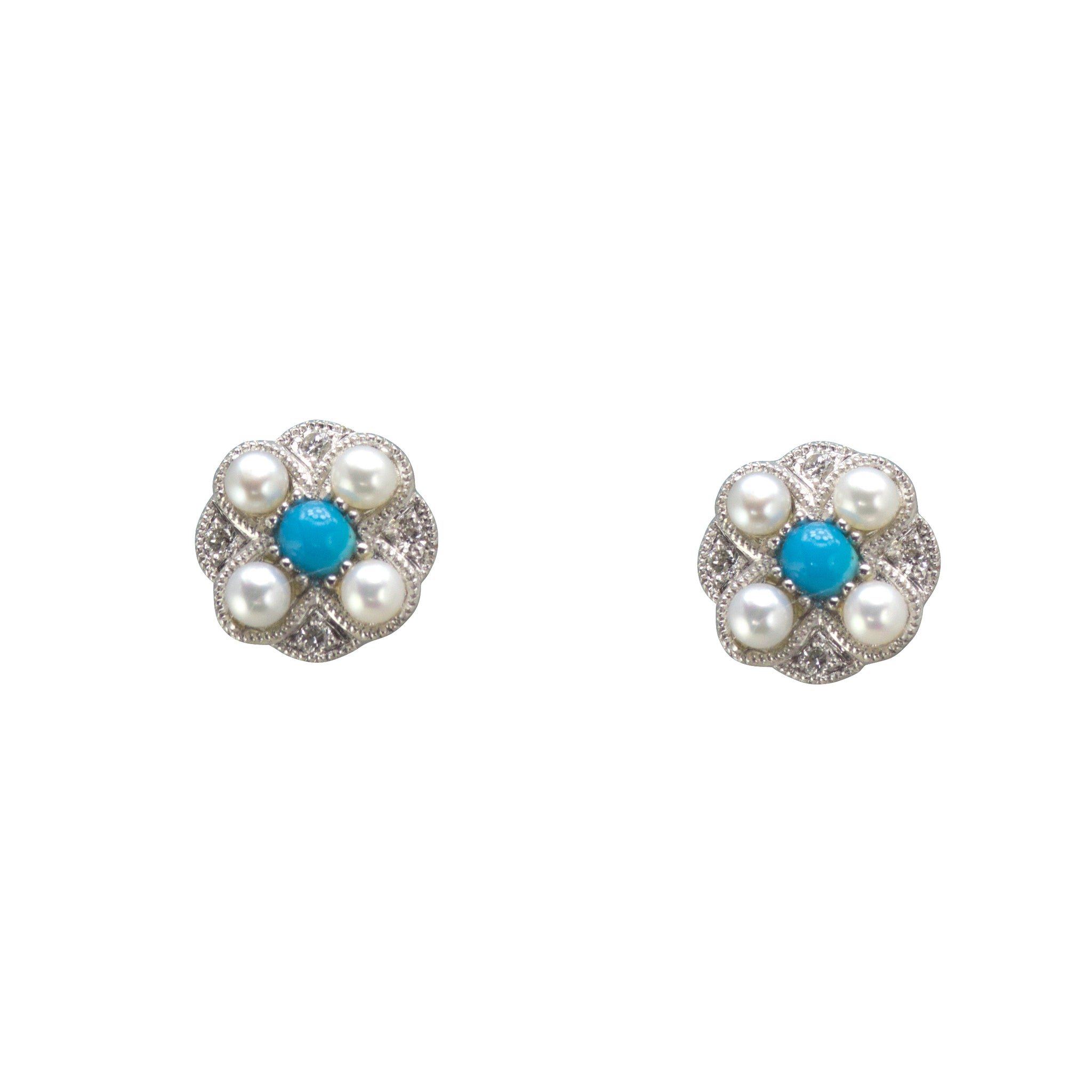 Diamond Pearl and Turquoise Stud Earrings Chenevix Jewellery