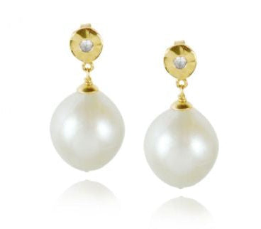 Pearl and White Sapphire Nugget Drop Earrings